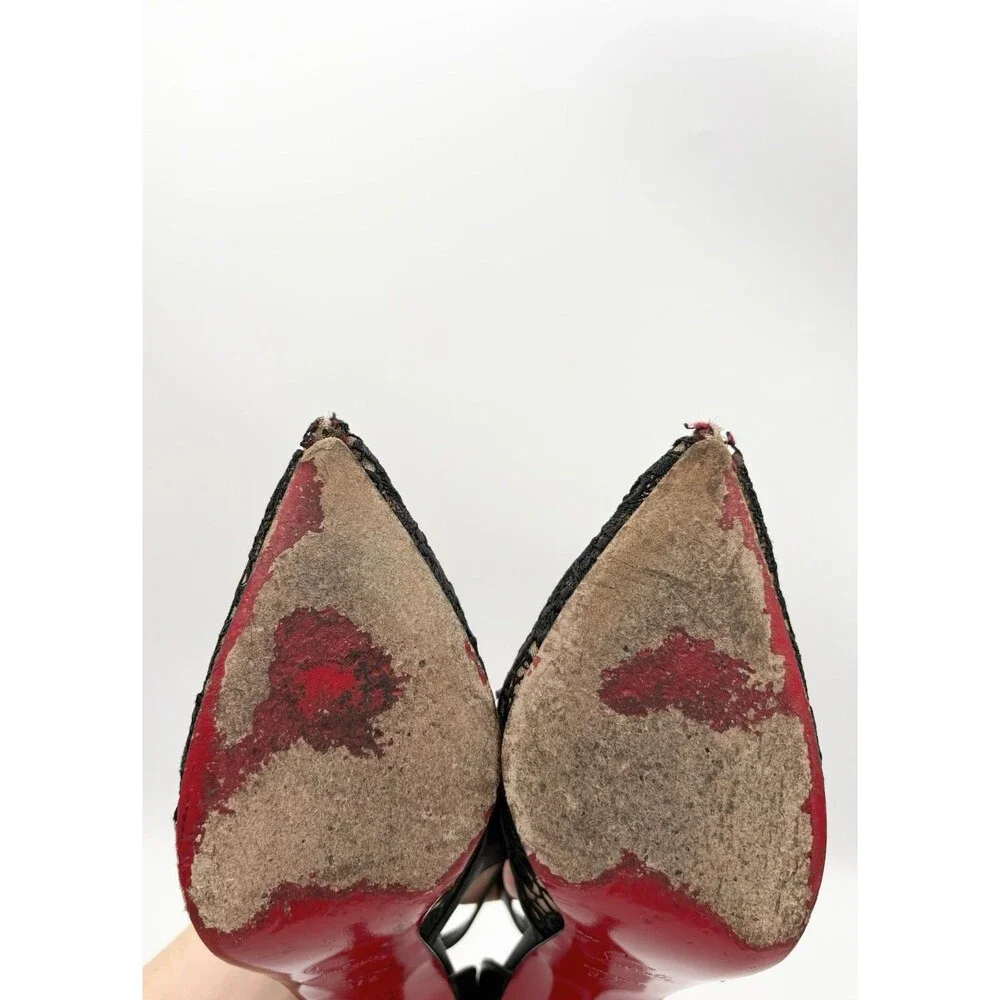 Christian Louboutin Black Leather & Lace Twistissima Pointed Heels Size EU 37.5